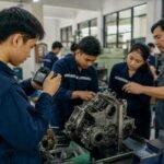Siswa SMK berkolaborasi dalam praktik kerja sambil mencatat hasil dan menerima arahan guru