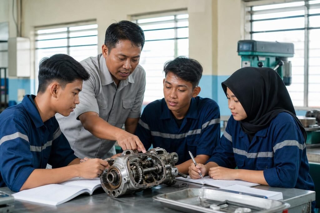 Siswa SMK bekerja sama menganalisis masalah praktik di bengkel sekolah dengan bimbingan guru
