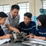Siswa SMK bekerja sama menganalisis masalah praktik di bengkel sekolah dengan bimbingan guru