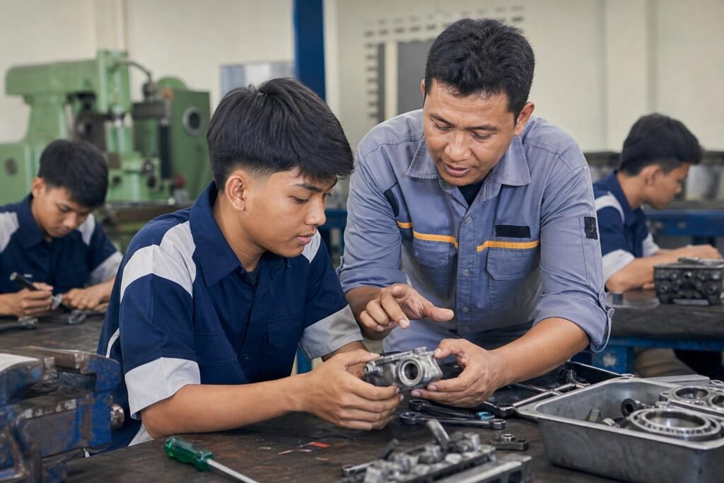 Guru memberikan umpan balik kepada siswa SMK saat mengerjakan proyek praktik di bengkel sekolah