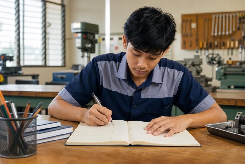 Pelajar SMK menulis catatan belajar dengan halaman yang terbagi menjadi kolom catatan, pertanyaan, dan ringkasan