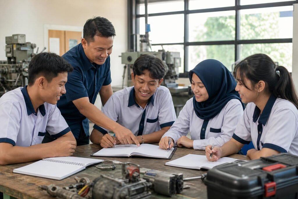 Siswa SMK menyusun rencana pengembangan kompetensi bersama guru di ruang praktik