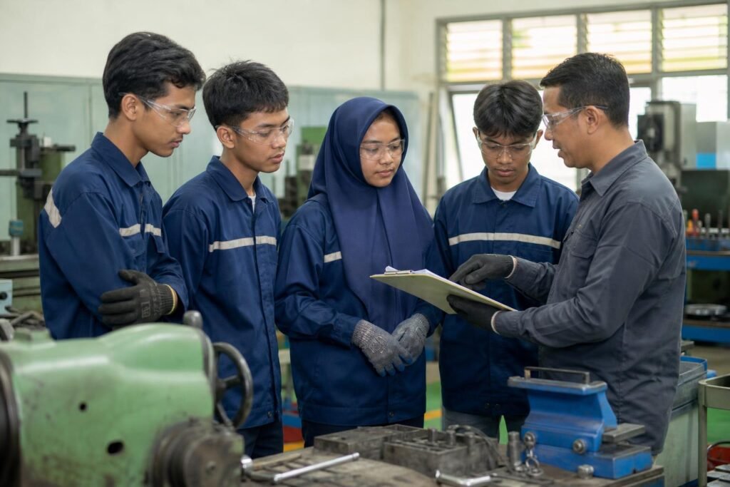 Guru membimbing siswa SMK memeriksa daftar keselamatan sebelum kegiatan praktik di bengkel sekolah