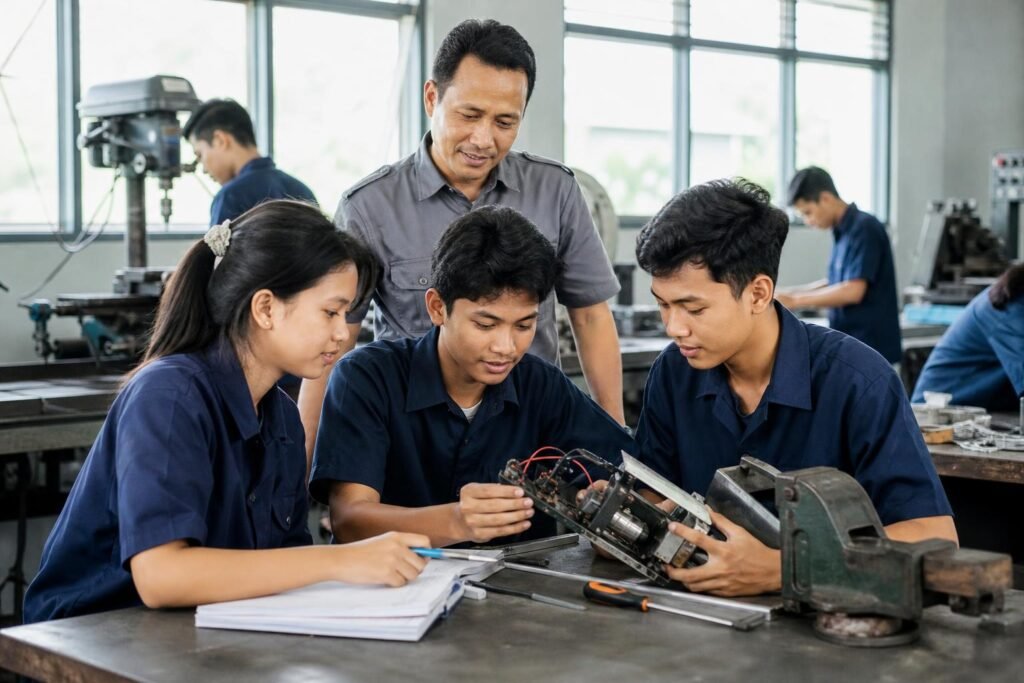 Siswa SMK bekerja dalam kelompok kecil untuk mengembangkan dan menguji prototipe proyek dengan pendampingan guru