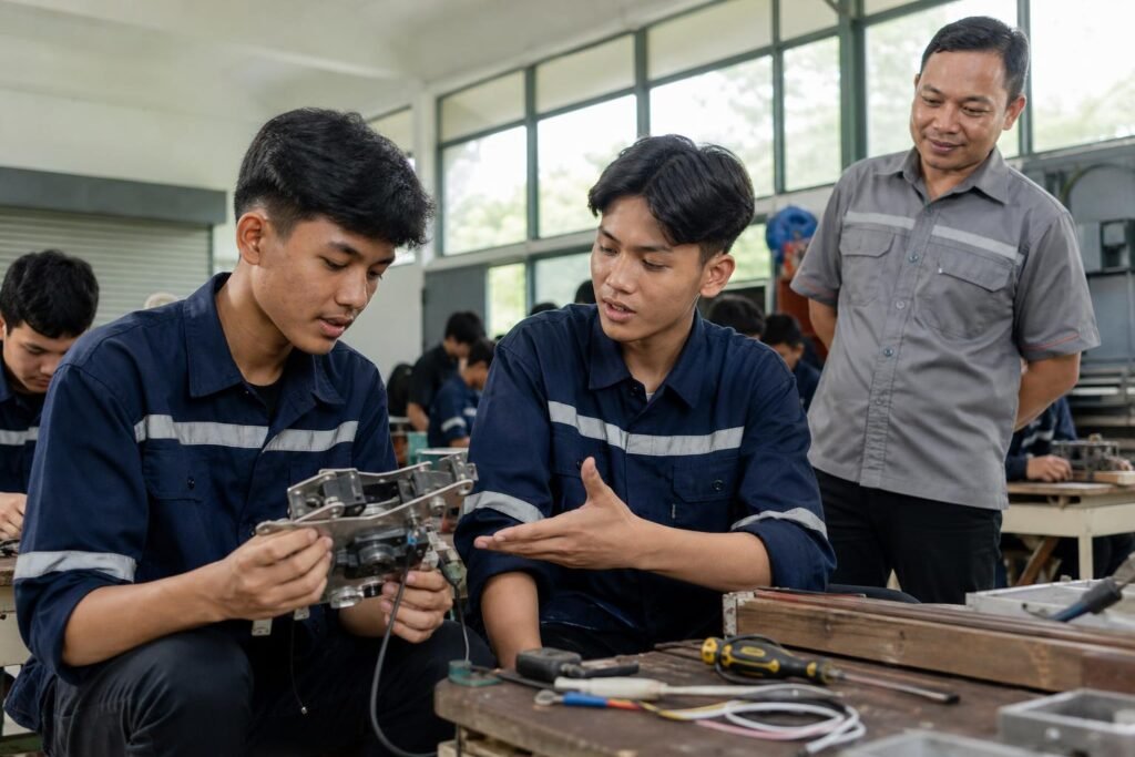 Siswa SMK saling meninjau hasil pekerjaan praktik menggunakan kriteria dengan guru yang mengawasi