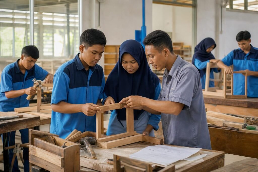 Siswa SMK bekerja dalam tim di bengkel sekolah dengan bimbingan guru dalam kegiatan pembelajaran berbasis industri
