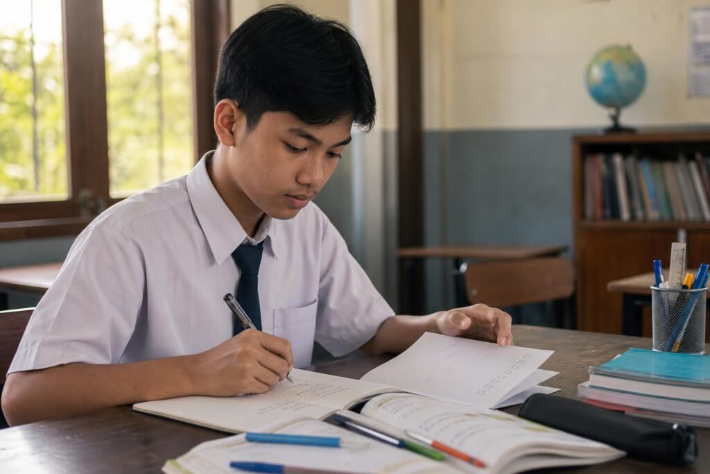 Pelajar meninjau target belajar dan catatan kemajuan di meja belajar
