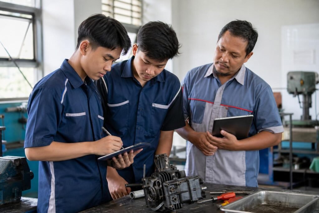 Siswa SMK mencatat pengalaman praktik menggunakan tablet dengan bimbingan guru di ruang kerja vokasi