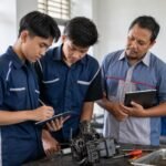 Siswa SMK mencatat pengalaman praktik menggunakan tablet dengan bimbingan guru di ruang kerja vokasi