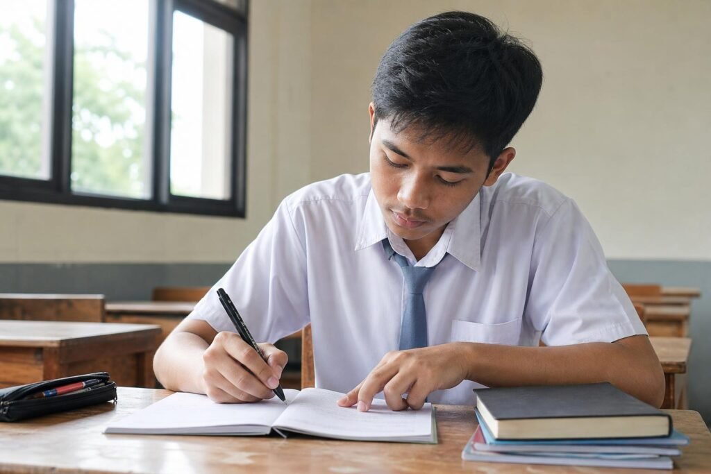 Pelajar SMK menjawab pertanyaan latihan dari ingatan di meja belajar dengan buku yang tertutup