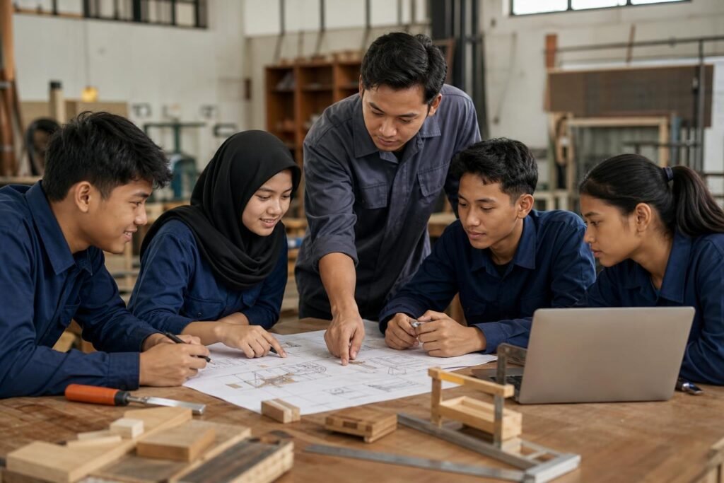 Siswa SMK berdiskusi dengan guru saat menyusun dan mengerjakan proyek praktik berbasis kebutuhan industri