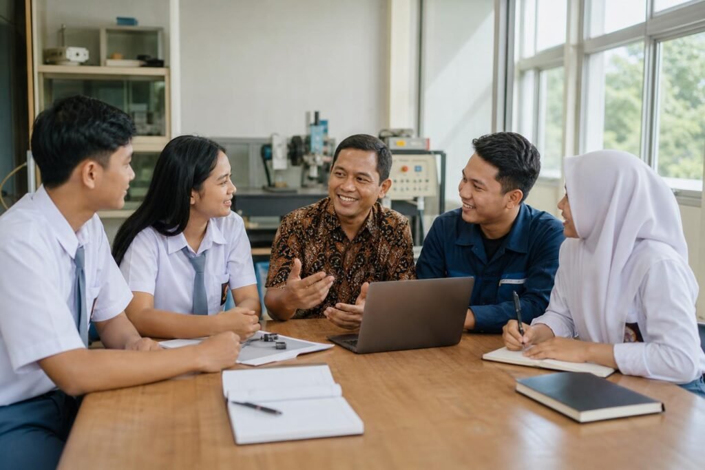 Siswa SMK berdiskusi tentang rencana karier bersama guru, alumni, dan praktisi industri