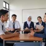 Siswa SMK berlatih negosiasi layanan pelanggan sementara teman sekelas mengamati dengan rubrik penilaian